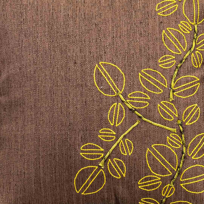 Brown Polyester Cotton 16x16 Cushion Cover with Yellow Leaf Embroidery