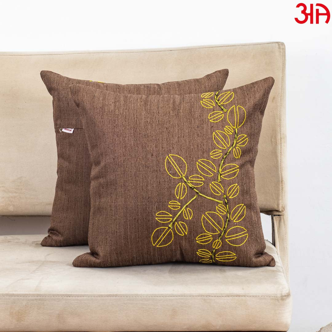 Brown Polyester Cotton 16x16 Cushion Cover with Yellow Leaf Embroidery