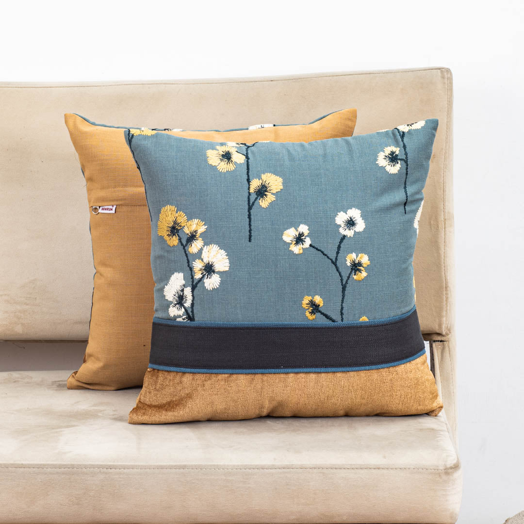 Dual Tone Blue Yellow Cotton Cushion Cover 16x16 Floral