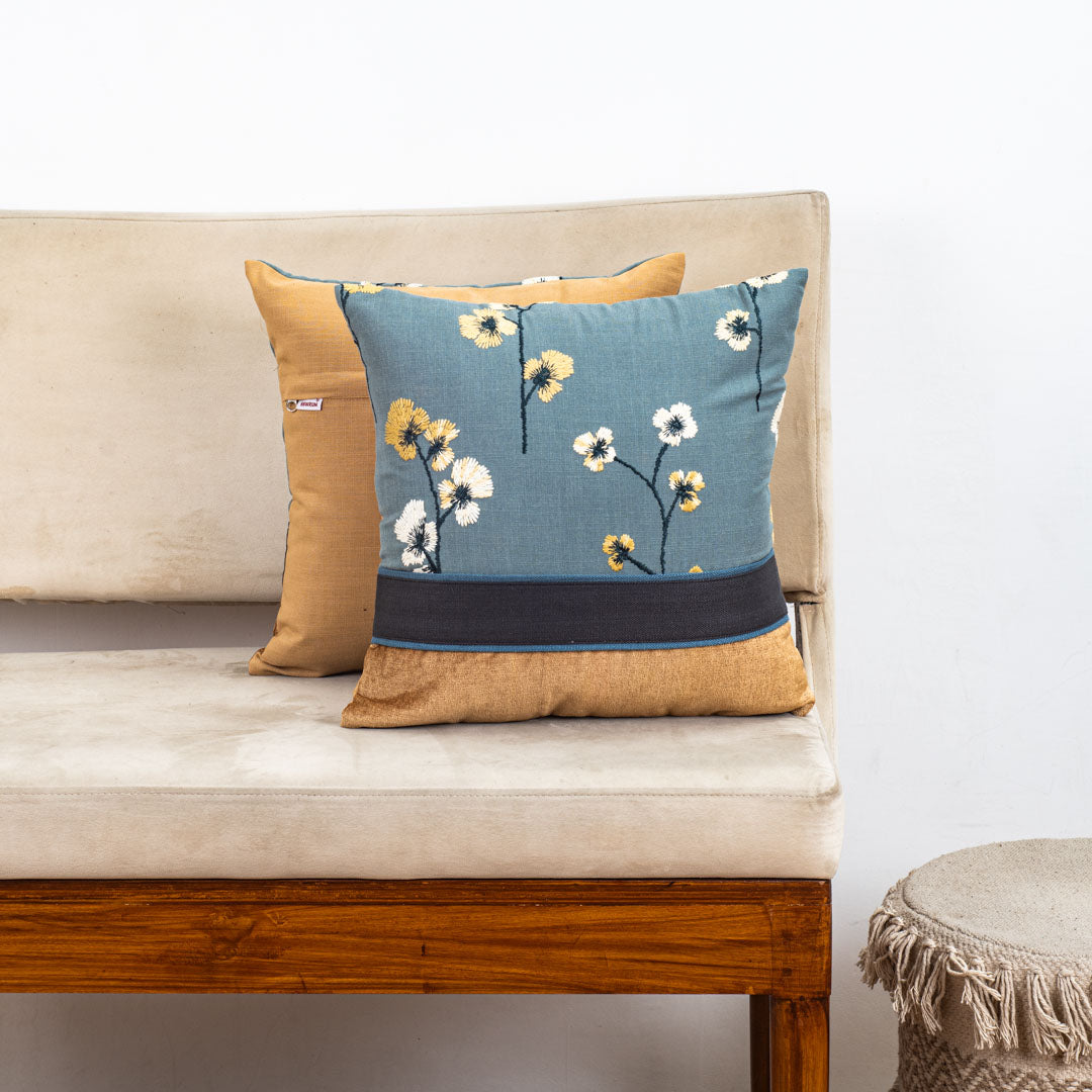 Dual Tone Blue Yellow Cotton Cushion Cover 16x16 Floral