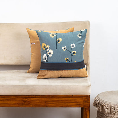 Dual Tone Blue Yellow Cotton Cushion Cover 16x16 Floral
