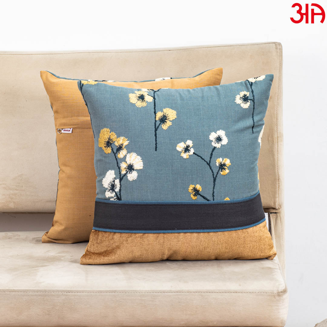 Dual Tone Blue Yellow Cotton Cushion Cover 16x16 Floral