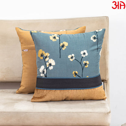 Dual Tone Blue Yellow Cotton Cushion Cover 16x16 Floral