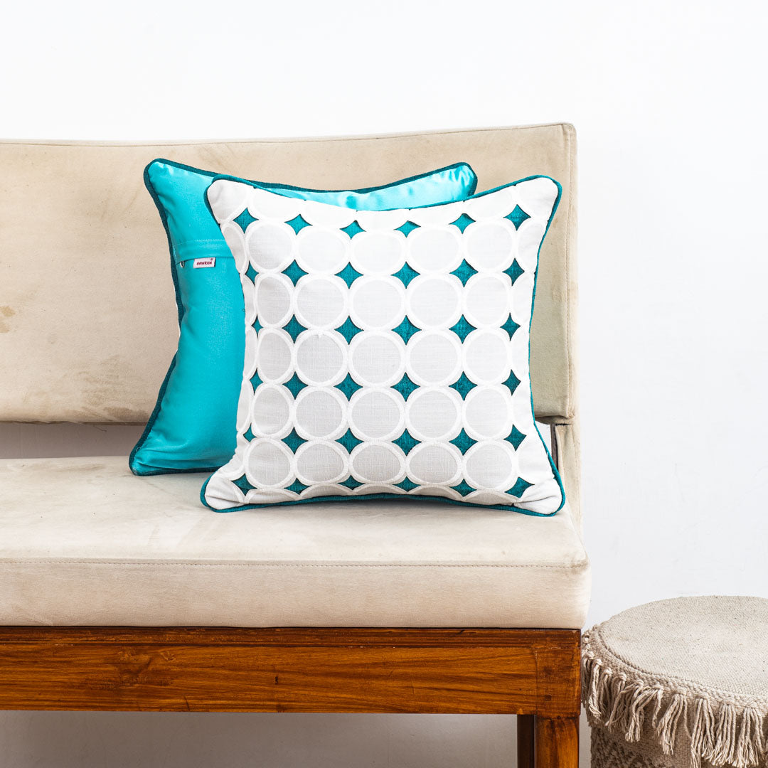 Aqua Blue Cotton 16x16 Cushion Cover with White Geometric Cutout Overlay