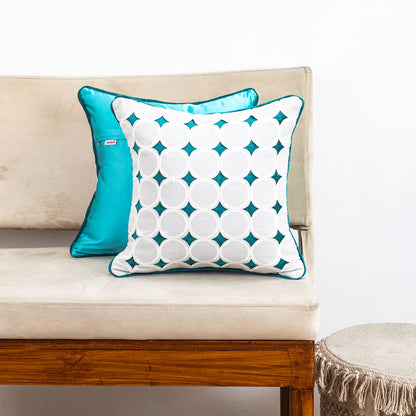 Aqua Blue Cotton 16x16 Cushion Cover with White Geometric Cutout Overlay