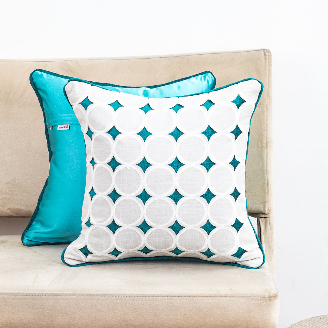Aqua Blue Cotton 16x16 Cushion Cover with White Geometric Cutout Overlay