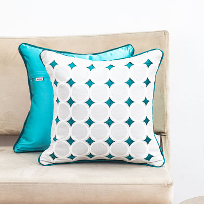 Aqua Blue Cotton 16x16 Cushion Cover with White Geometric Cutout Overlay
