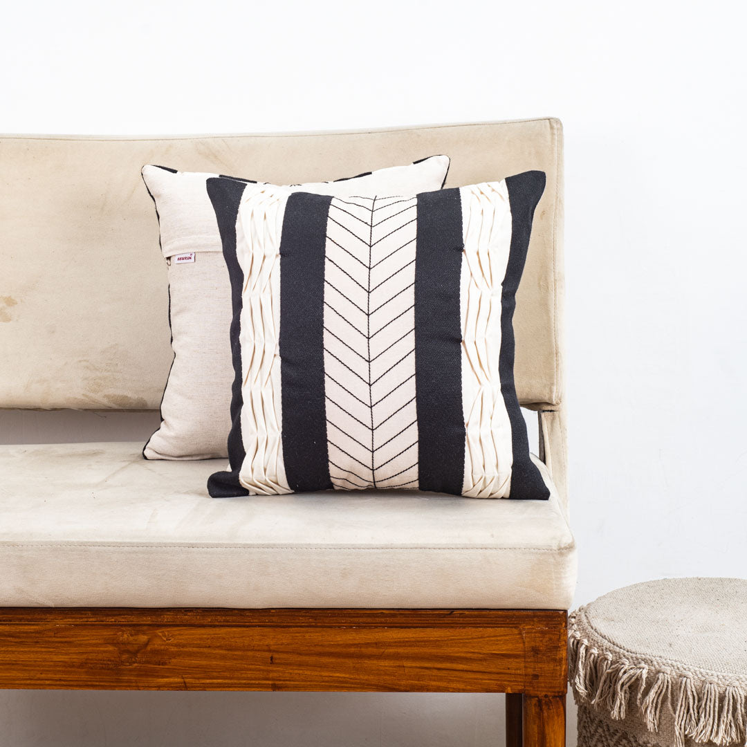 Graphic Black Cotton Decorative Cushion Cover (16x16) with Textured Panels