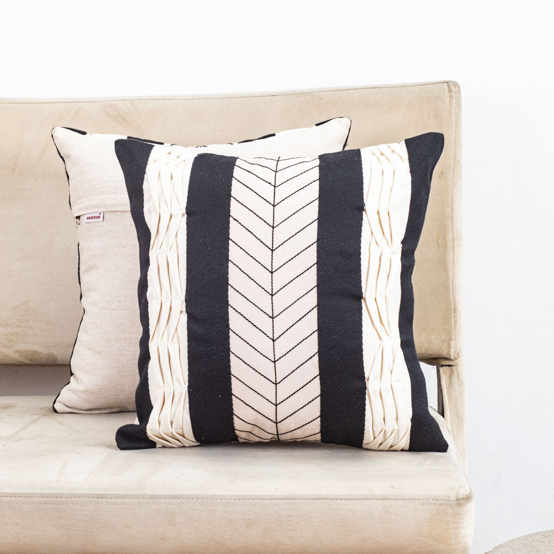 Graphic Black Cotton Decorative Cushion Cover (16x16) with Textured Panels