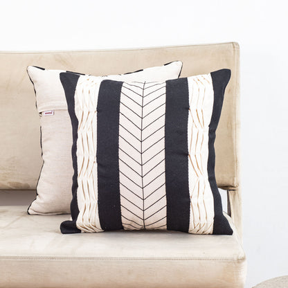Graphic Black Cotton Decorative Cushion Cover (16x16) with Textured Panels