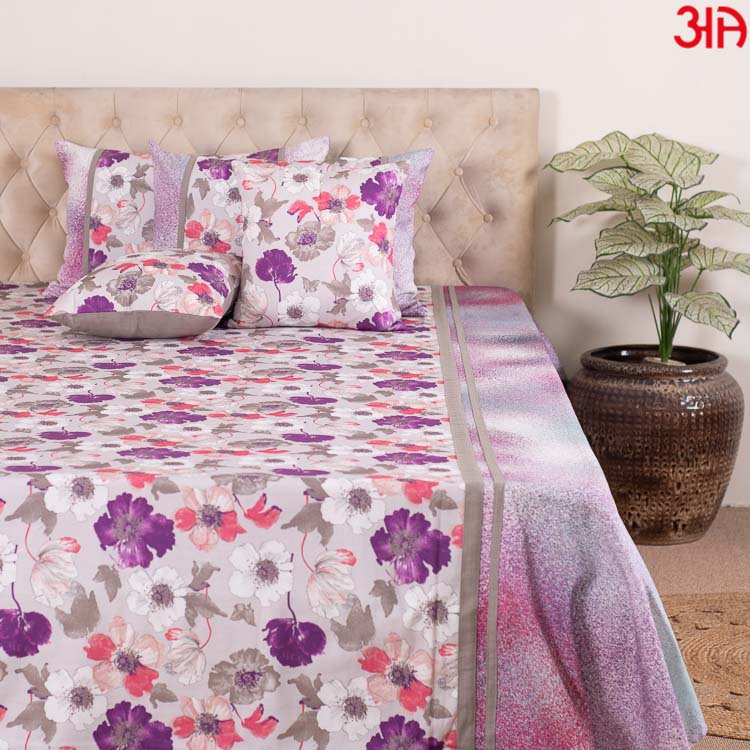 White and purple floral king size bedcover set