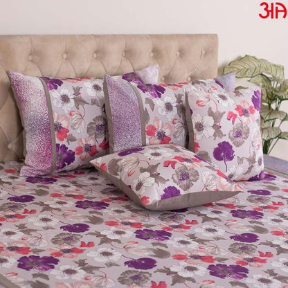 White and Purple Floral King Size (100x108)-Inch Bedcover Set (1+2+2)