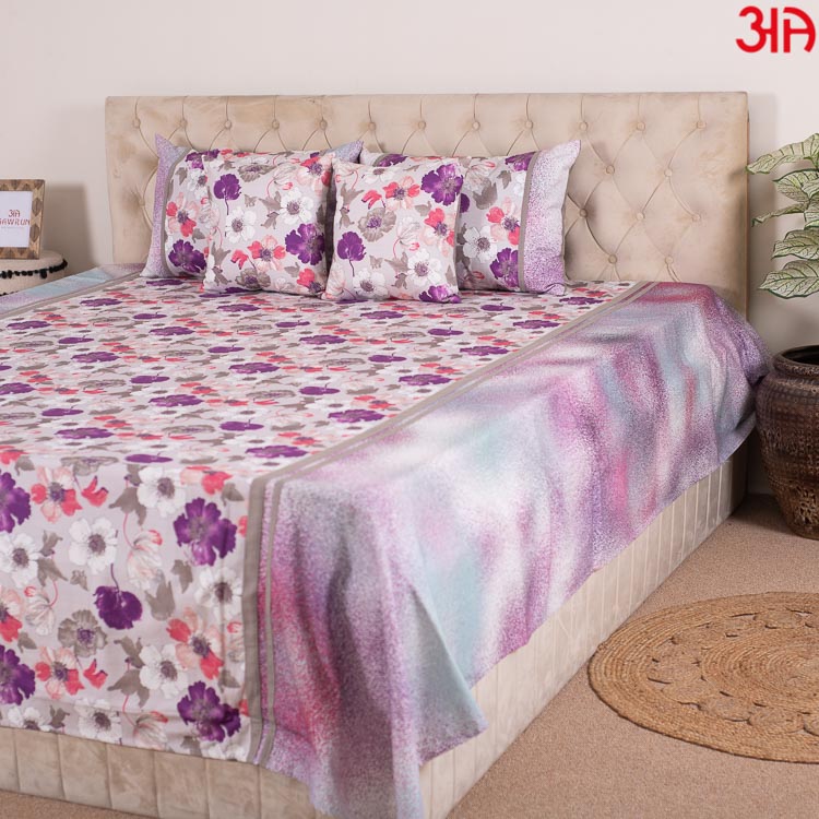 White and purple floral king size bedcover set