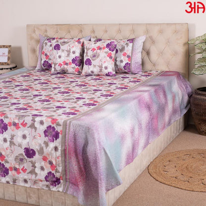 White and Purple Floral King Size (100x108)-Inch Bedcover Set (1+2+2)