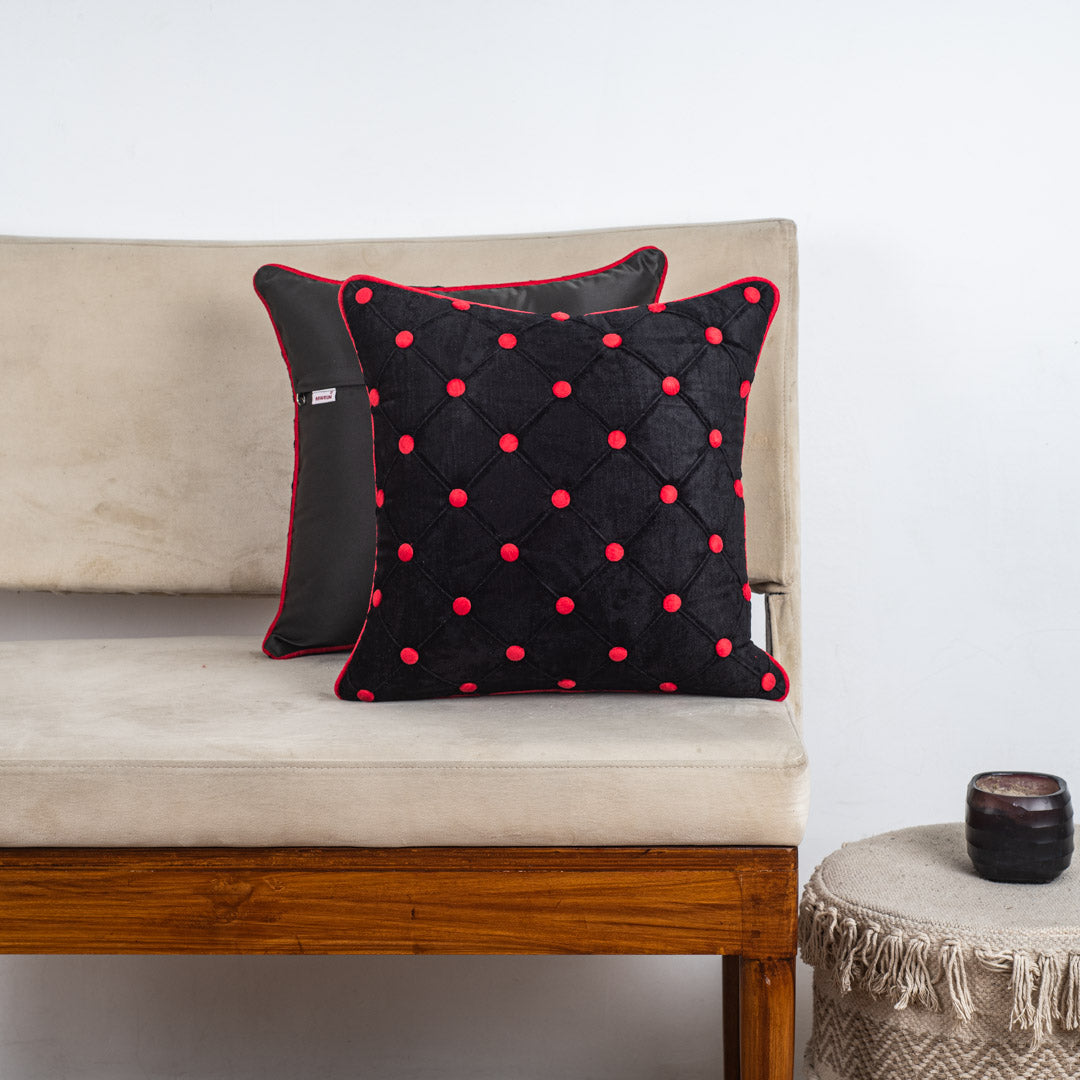 DotGrid Black-Red Velvet Cushion Cover – 16x16 Inch Stylish Home Décor