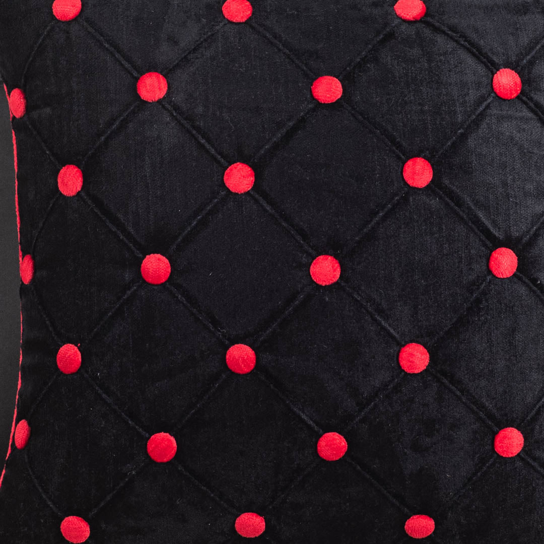 DotGrid Black-Red Velvet Cushion Cover – 16x16 Inch Stylish Home Décor