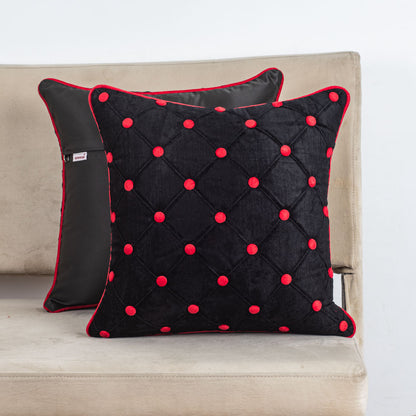 DotGrid Black-Red Velvet Cushion Cover – 16x16 Inch Stylish Home Décor