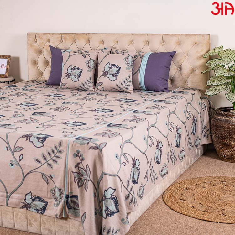 Beige cotton bedcover with work