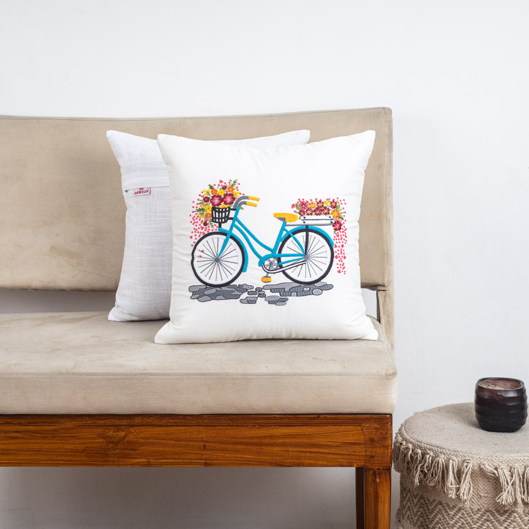 Bicycle Bloom White Velvet Cushion Cover – 16x16 Inch Stylish Home Décor