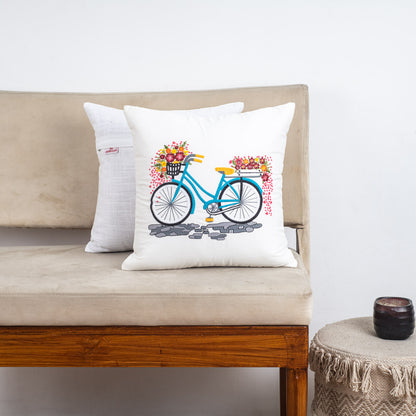 Bicycle Bloom White Velvet Cushion Cover – 16x16 Inch Stylish Home Décor