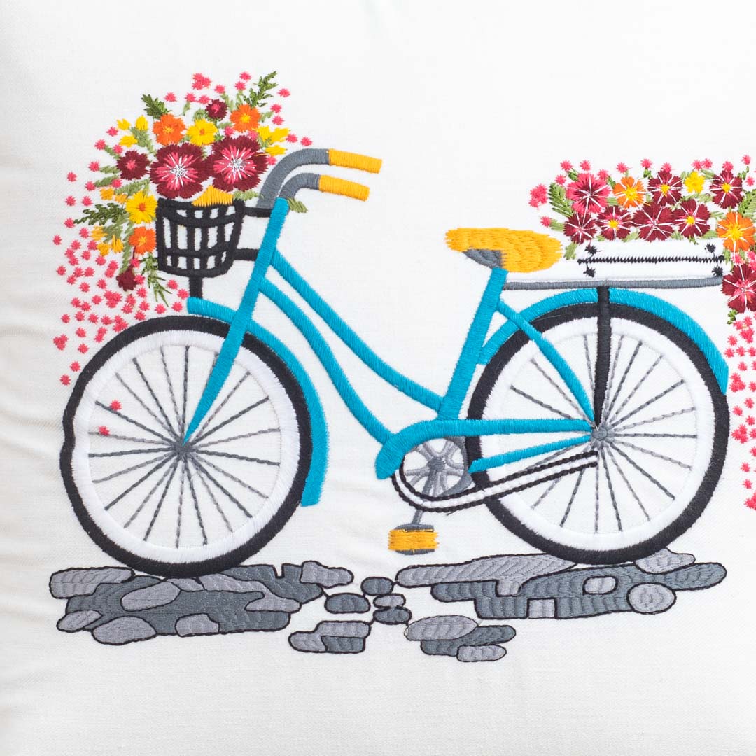 Bicycle Bloom White Velvet Cushion Cover – 16x16 Inch Stylish Home Décor