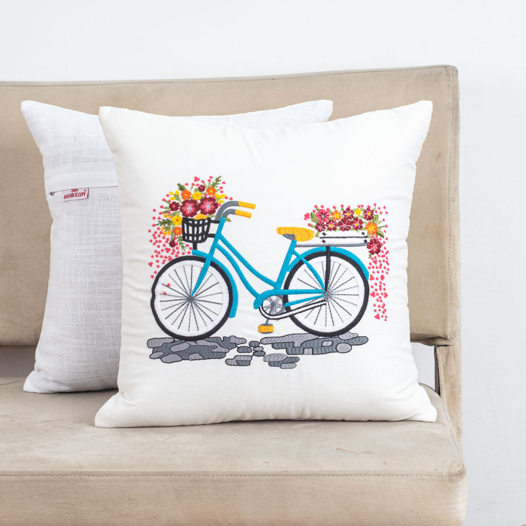 Bicycle Bloom White Velvet Cushion Cover – 16x16 Inch Stylish Home Décor