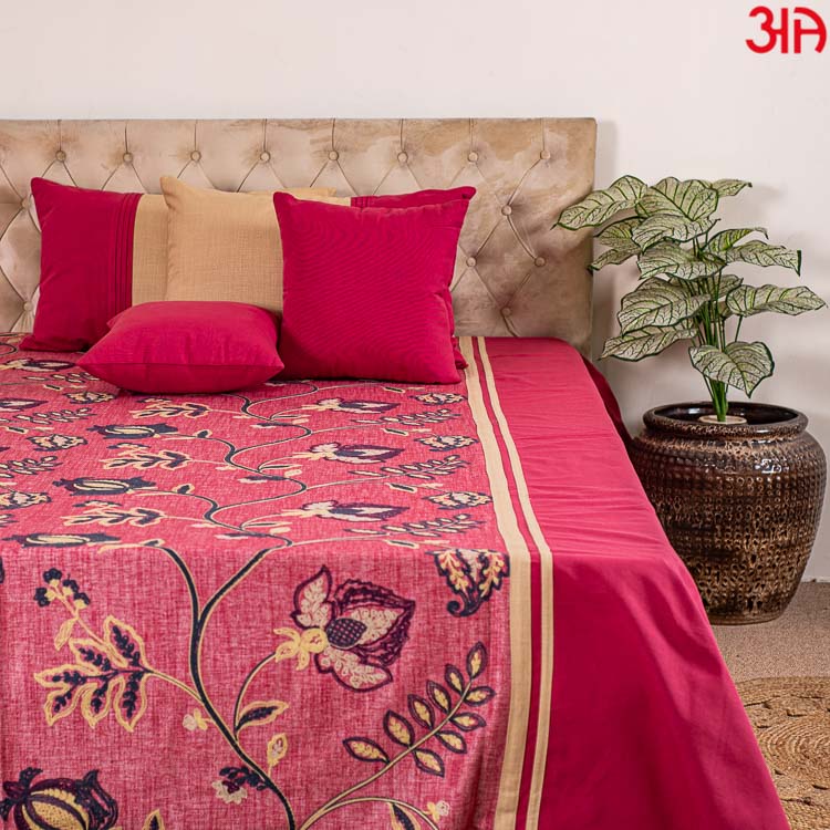 Red cotton bedcover with leaf and flower design