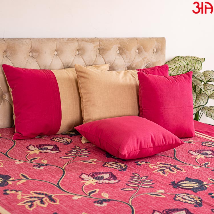 Red cotton bedcover with leaf and flower design