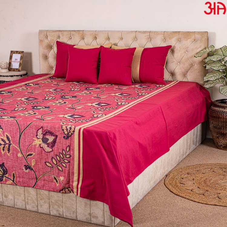 Red cotton bedcover with leaf and flower design