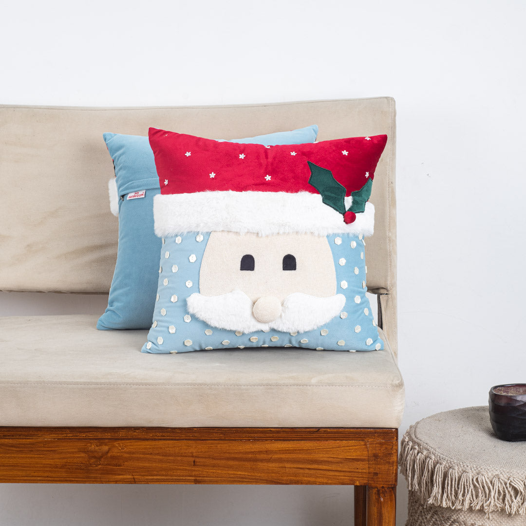 Blue-White Santa Face Cushion – 16×16 Fur &amp; Velvet Fabric