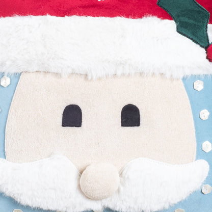 Blue-White Santa Face Cushion – 16×16 Fur &amp; Velvet Fabric