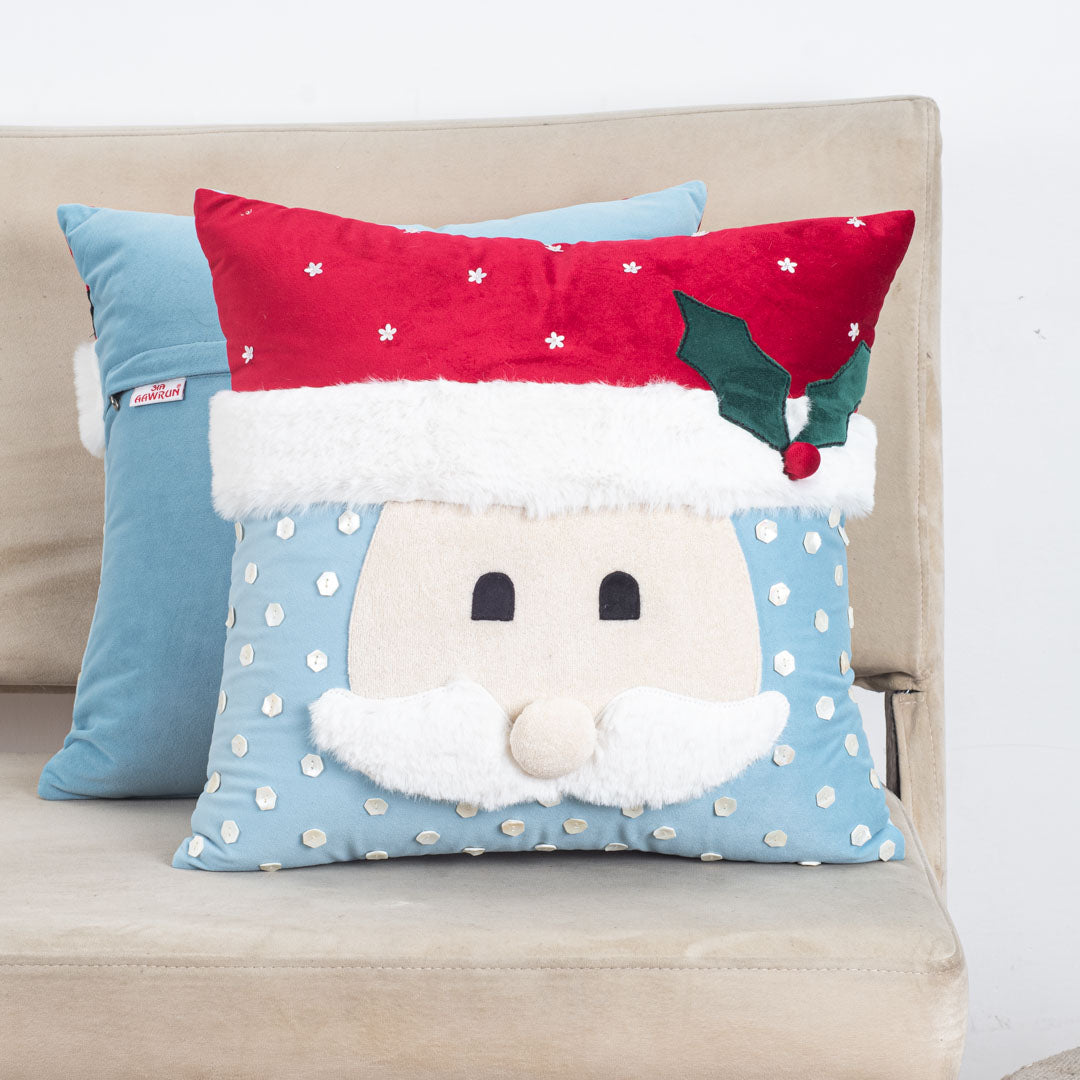 Blue-White Santa Face Cushion – 16×16 Fur &amp; Velvet Fabric