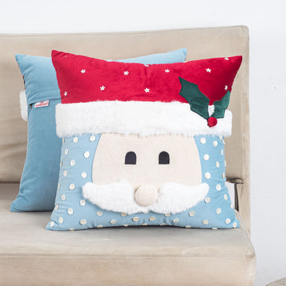 Blue-White Santa Face Cushion – 16×16 Fur &amp; Velvet Fabric