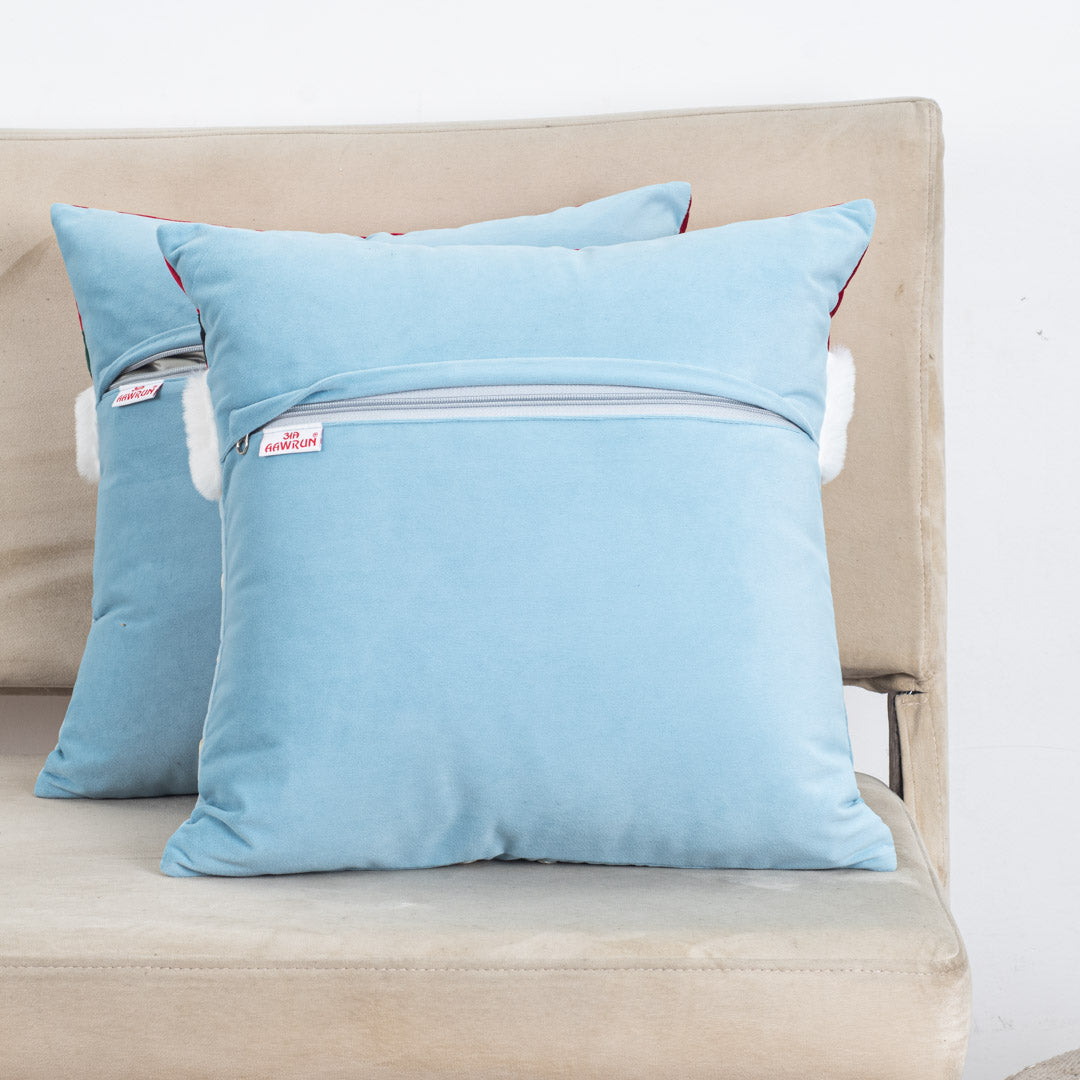 Blue-White Santa Face Cushion – 16×16 Fur &amp; Velvet Fabric