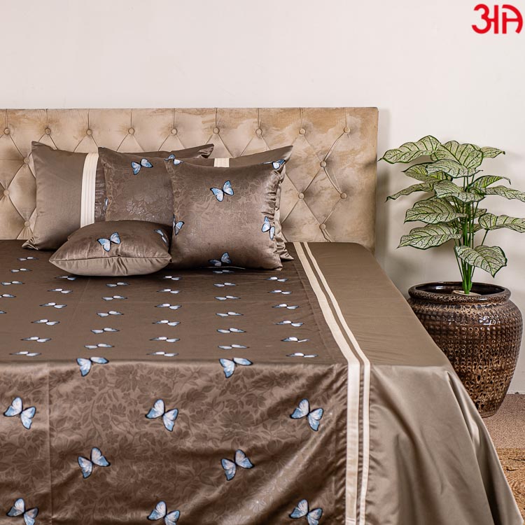 Brown Self Design King Size (100x108)-Inch With Butterfly Bedcover Set (1+2+2)