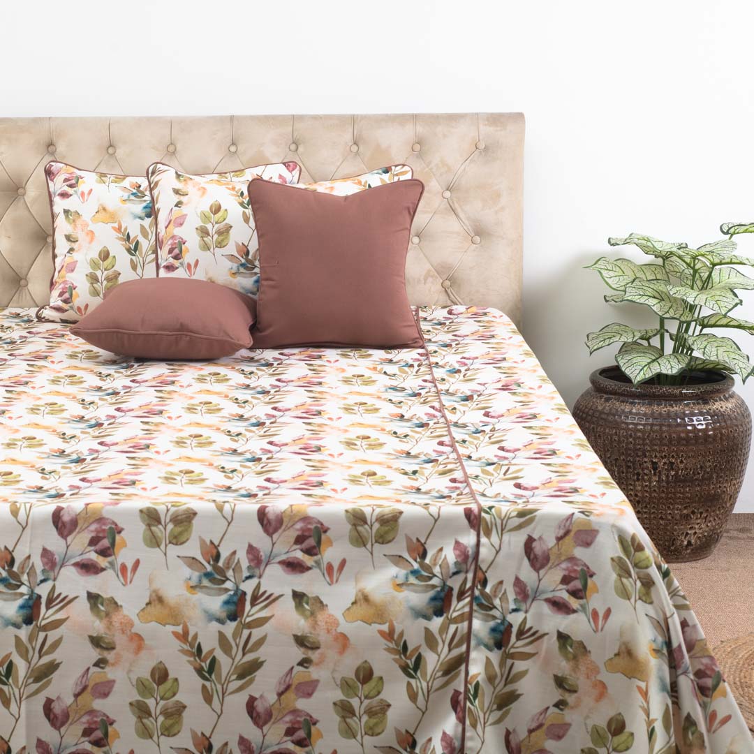 Earthy Botanical Print Cotton Bedspread – 108×108″ | Design 6