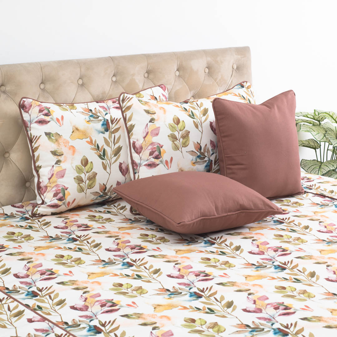 Earthy Botanical Print Cotton Bedspread – 108×108″ | Design 6