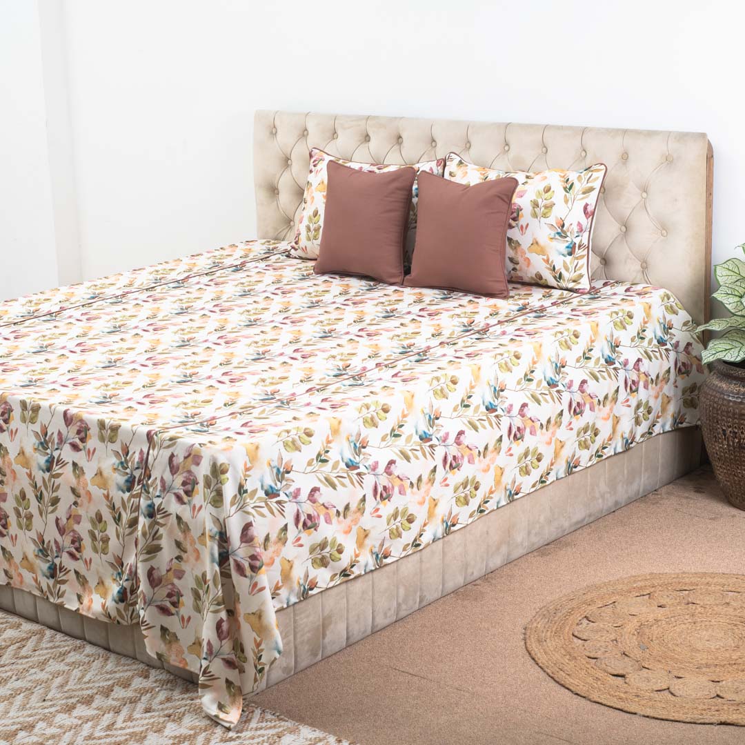 Earthy Botanical Print Cotton Bedspread – 108×108″ | Design 6