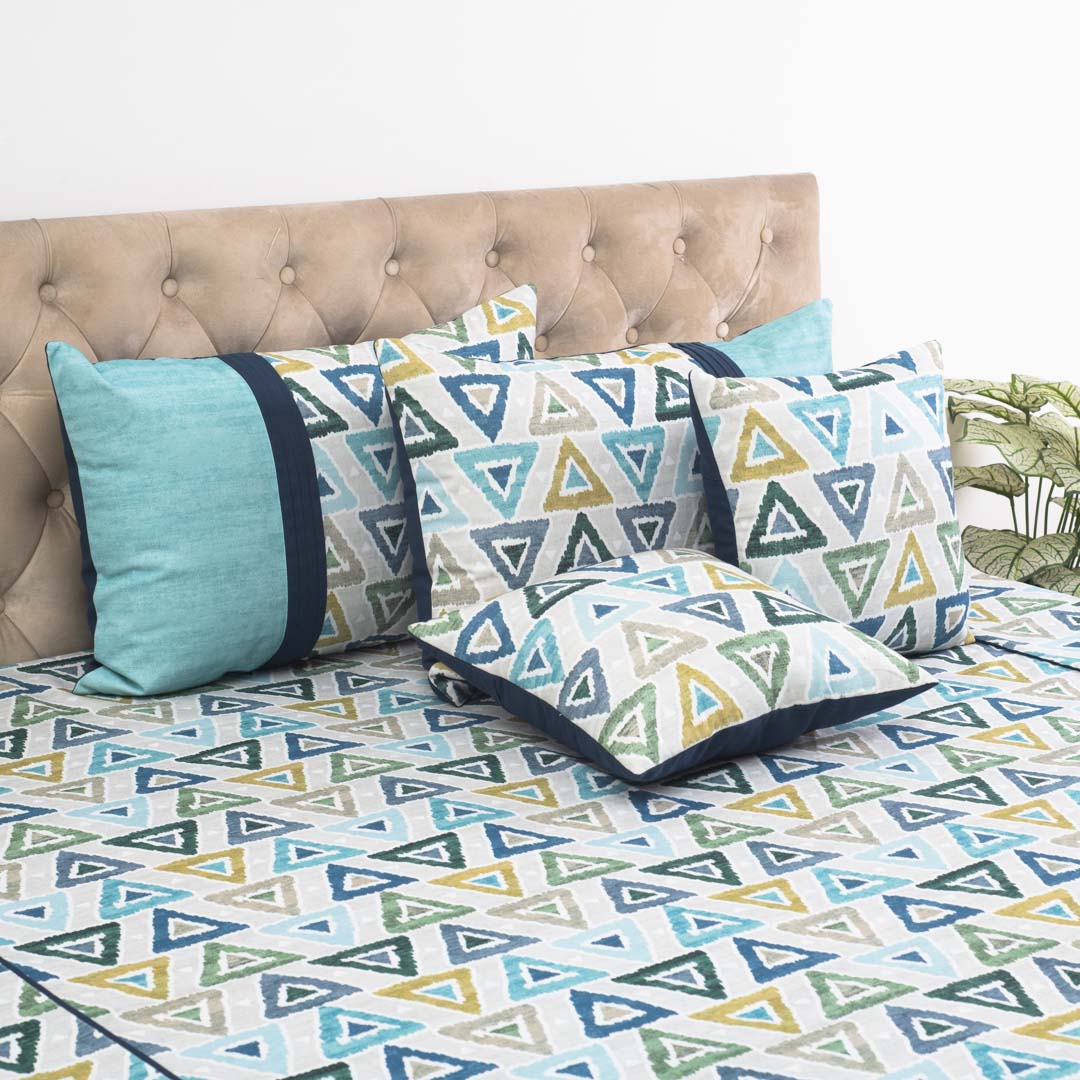 Azure Terra Geometry Luxury Cotton Bedspread – 108×108″ | Design 14