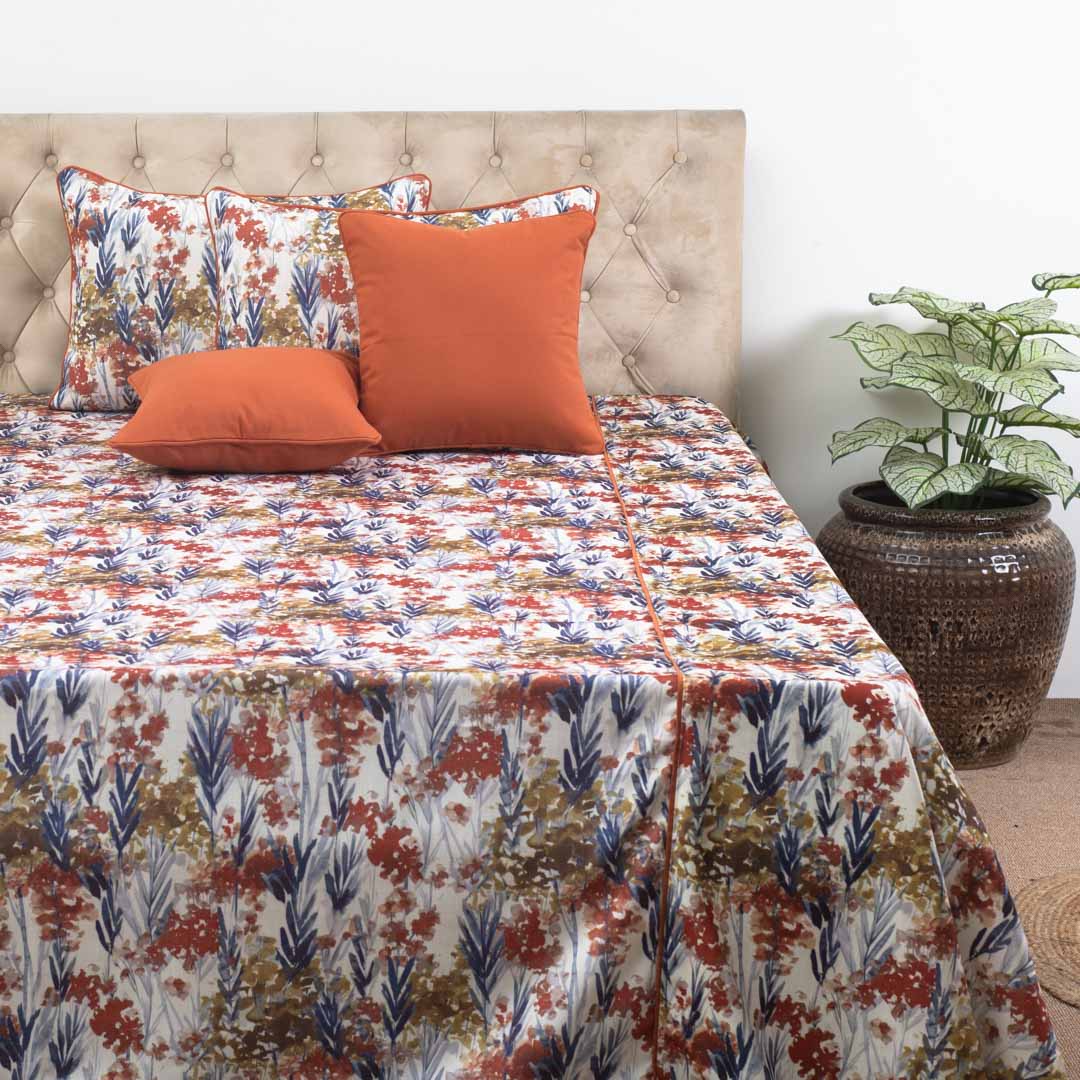 Autumn Meadow Floral Luxury Cotton Bedspread – 108×108″ | Design 17