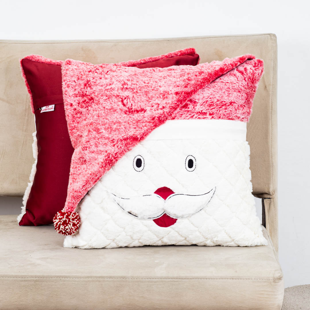 Red-White Santa Face Cushion – 16×16 Fur &amp; Velvet Fabric