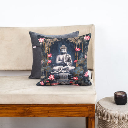 Decorative Buddha Print Cushion Cover – 16 x 16 Inch-Grey &amp; Black Polyester Velvet Fabric
