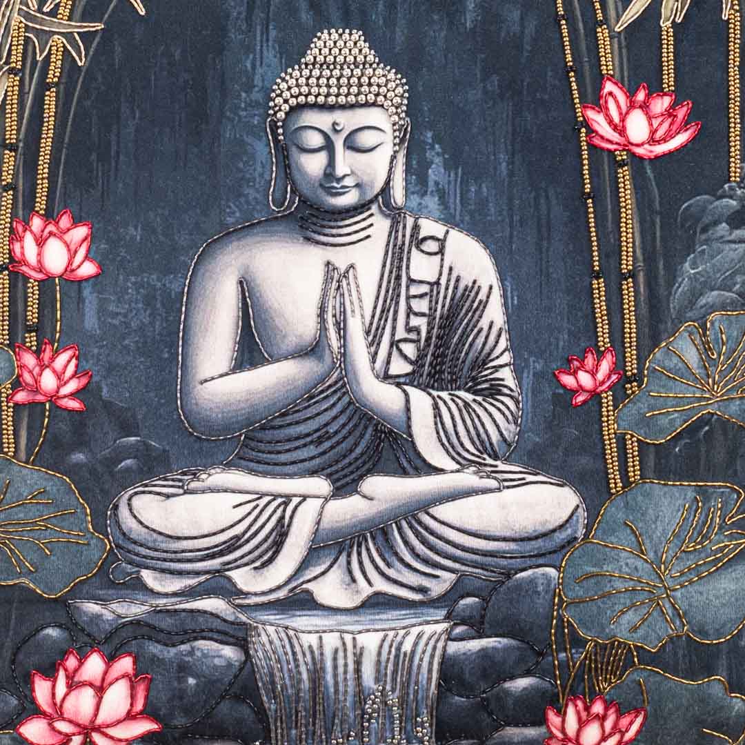 Grey Black Buddha Printed Velvet Cushion Cover 16x16 Inch