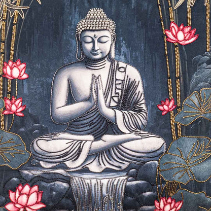 Grey Black Buddha Printed Velvet Cushion Cover 16x16 Inch