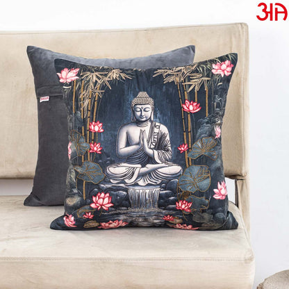 Decorative Buddha Print Cushion Cover – 16 x 16 Inch-Grey &amp; Black Polyester Velvet Fabric