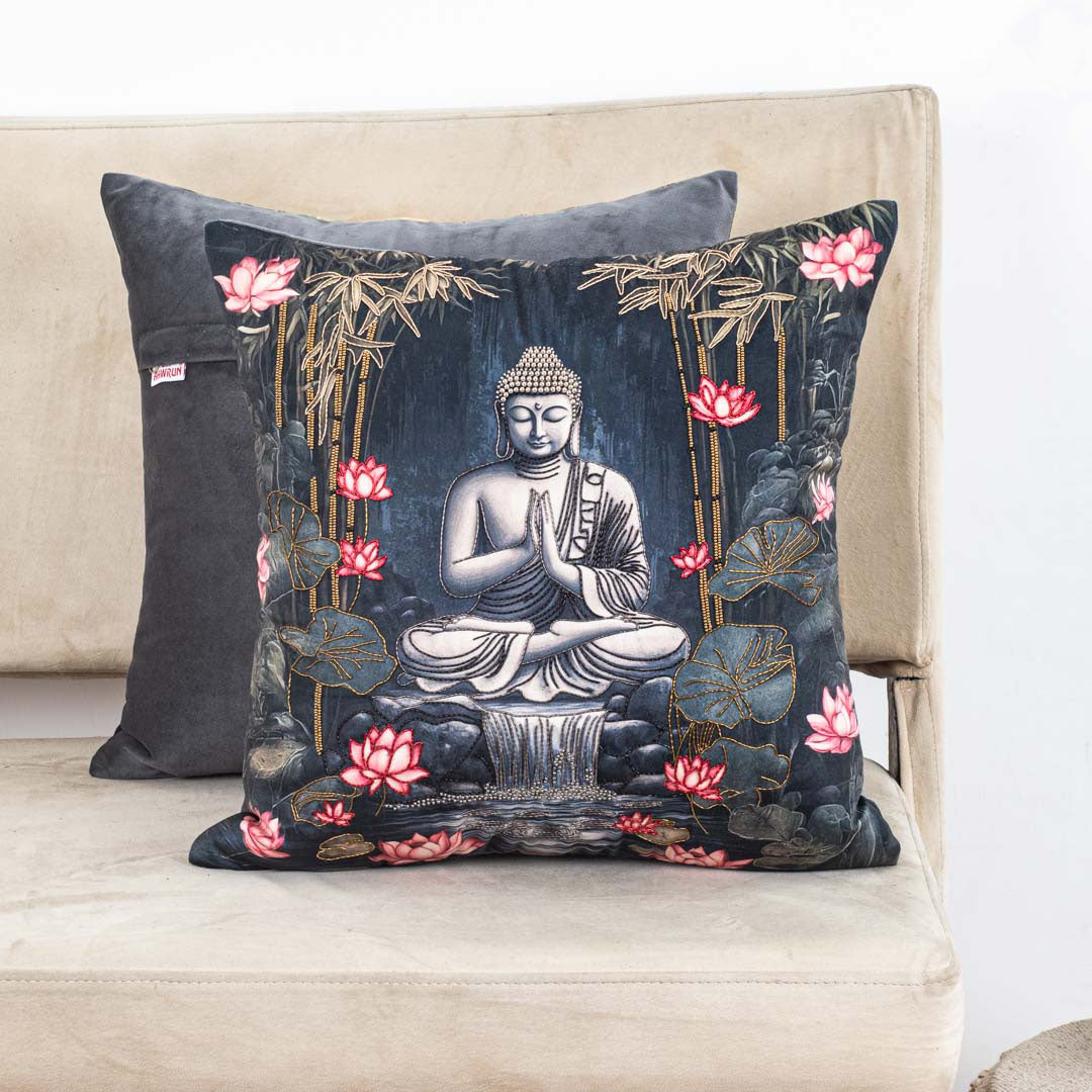 Grey Black Buddha Printed Velvet Cushion Cover 16x16 Inch