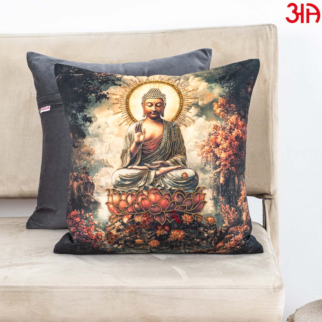 Divine Buddha Aura Cushion Cover – 16 x 16 Inch-Rust-Green Polyester Velvet