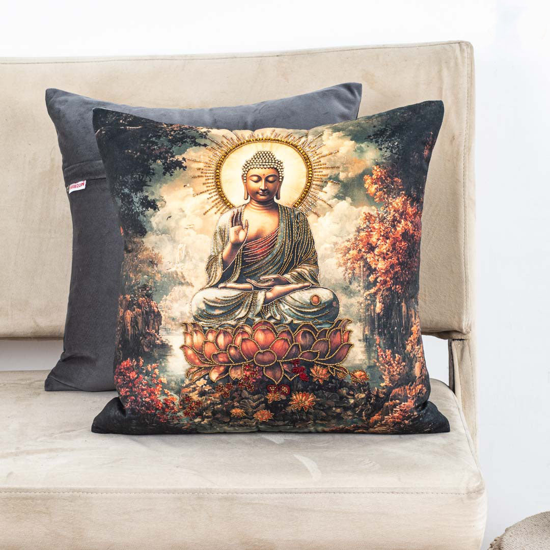 Rust Green Buddha Printed Velvet Cushion Cover 16x16 Inch