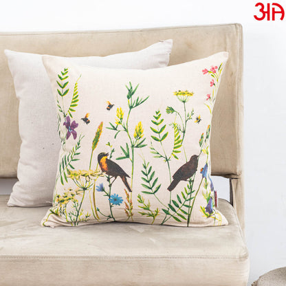 Meadow Song Bird Botanical Cotton Cushion Cover – 16×16″ | Design 1