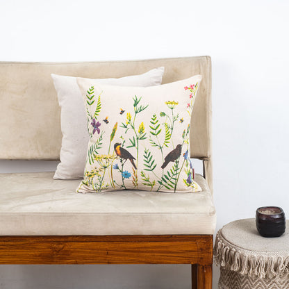 Meadow Song Bird Botanical Cotton Cushion Cover – 16×16″ | Design 1